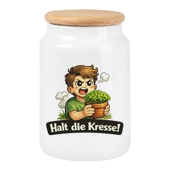 Halt die Kresse lustiges Wortspiel Wortwitz Shirt - Keksdose mit Holzdeckel - Weiß - Vorne