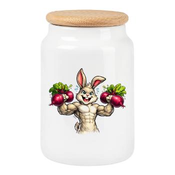 Un lapin à la salle de sport avec des haltères de betterave - Boîte à biscuits avec couvercle en bois - blanc - Devant