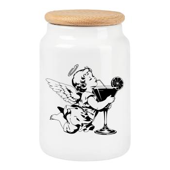 Cocktail Angel – Chérubin avec une boisson dans un verre - Boîte à biscuits avec couvercle en bois - blanc - Devant