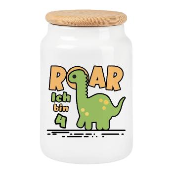 Dinosaure du 4e anniversaire - Boîte à biscuits avec couvercle en bois - blanc - Devant