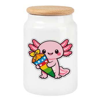 Dragon de Kawaii avec un axolotl de feux d’artifice - Boîte à biscuits avec couvercle en bois - blanc - Devant