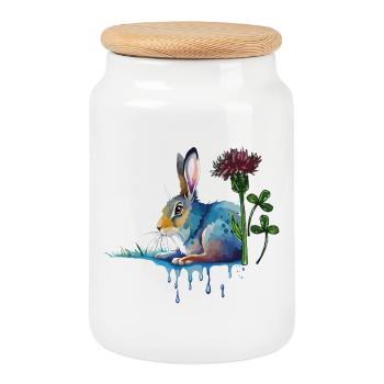 Colorful bunny with clover - Cookie Jar with Wooden Lid - white - Front
