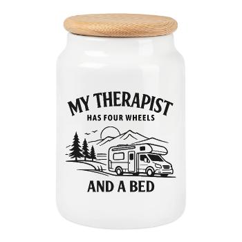 Mon thérapeute a quatre roues | Camper Outdoor - Boîte à biscuits avec couvercle en bois - blanc - Devant