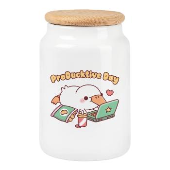 Cute Duck Chilling With Laptop ProDucktive Day - Cookie Jar with Wooden Lid - white - Front