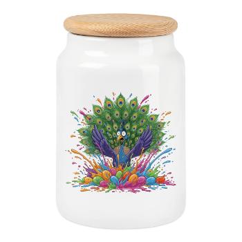 Pfau mit Farbschleuder-Panorama - Keksdose mit Holzdeckel - Weiß - Vorne