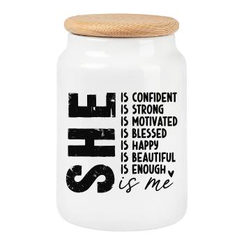 SHE Motivations Shirt für starke Frauen - Keksdose mit Holzdeckel - Weiß - Vorne