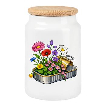 Bunte Blumen in geöffneter Dose Illustration  - Keksdose mit Holzdeckel - Weiß - Vorne