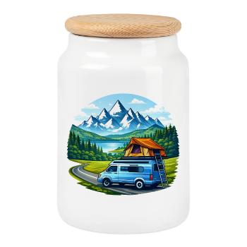 Illustration du Vanlife Camper Motif de la montagne - Boîte à biscuits avec couvercle en bois - blanc - Devant