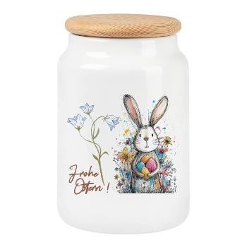 Osterhase mit bunten Eiern - Keksdose mit Holzdeckel - Weiß - Vorne