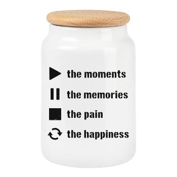 Mindfulness, Moments, Memories, Happiness - Cookie Jar with Wooden Lid - white - Front