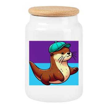 loutre - Boîte à biscuits avec couvercle en bois - blanc - Devant