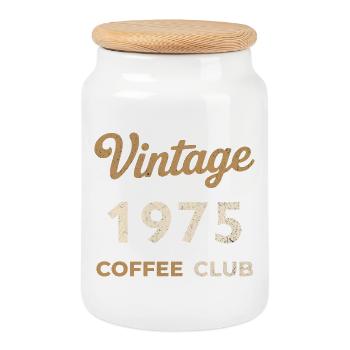 Vintage 1975 – Coffee Club Retro Birth Year - Cookie Jar with Wooden Lid - white - Front