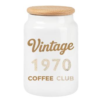 Vintage 1970 – Coffee Club Retro Birth Year - Cookie Jar with Wooden Lid - white - Front