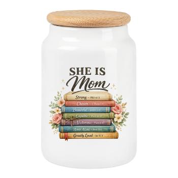 Bible Verse Mom Shirt – Strong Beautiful Chosen - Cookie Jar with Wooden Lid - white - Front