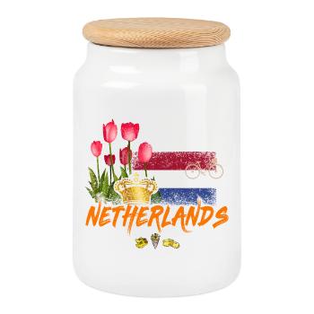 Netherlands Vintage Holland Flag Tulip Souvenir - Cookie Jar with Wooden Lid - white - Front