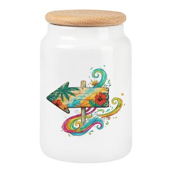 Tropical Wooden Arrow with Waves of Color - Cookie Jar with Wooden Lid - white - Front