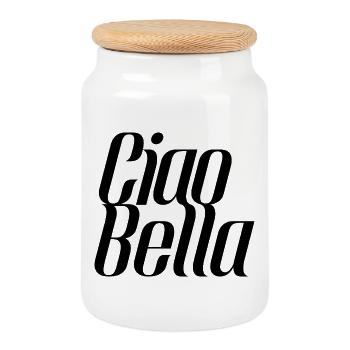 Ciao Bella Italie Dicton – Minimal Typer Design - Boîte à biscuits avec couvercle en bois - blanc - Devant