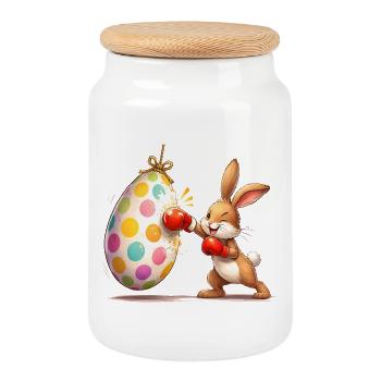 Boxender Osterhase mit Osterei-Boxsack  - Keksdose mit Holzdeckel - Weiß - Vorne
