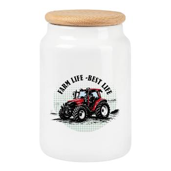 Farm Vibes – Roter Traktor Retro Halftone - Keksdose mit Holzdeckel - Weiß - Vorne