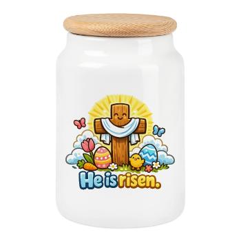 Kawaii Crucifix He is Risen Easter Jesus - Cookie Jar with Wooden Lid - white - Front