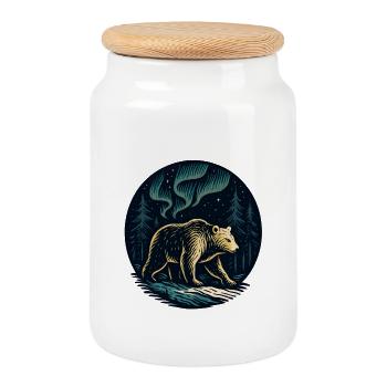 Northern Lights bear in the night forest - Cookie Jar with Wooden Lid - white - Front