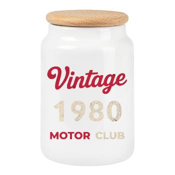 Vintage 1980's Motor Club Retro Birth Year Gift - Cookie Jar with Wooden Lid - white - Front