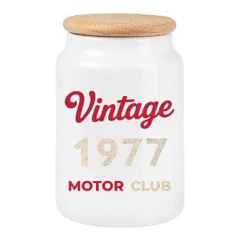 Vintage 1977 Motor Club Retro Birth Year Gift - Cookie Jar with Wooden Lid - white - Front