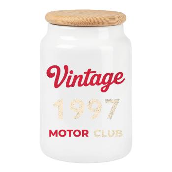 Vintage 1997 Motor Club Retro Birth Year Gift - Cookie Jar with Wooden Lid - white - Front