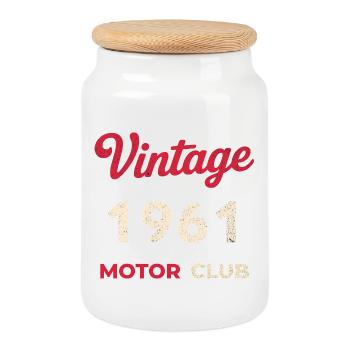 Vintage 1961 Motor Club Retro Birth Year Gift - Cookie Jar with Wooden Lid - white - Front