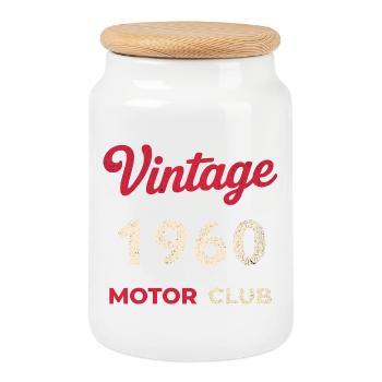 Vintage 1960's Motor Club Retro Birth Year Gift - Cookie Jar with Wooden Lid - white - Front
