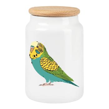 Budgie Green Yellow Turquoise Parakeet Parrot - Cookie Jar with Wooden Lid - white - Front