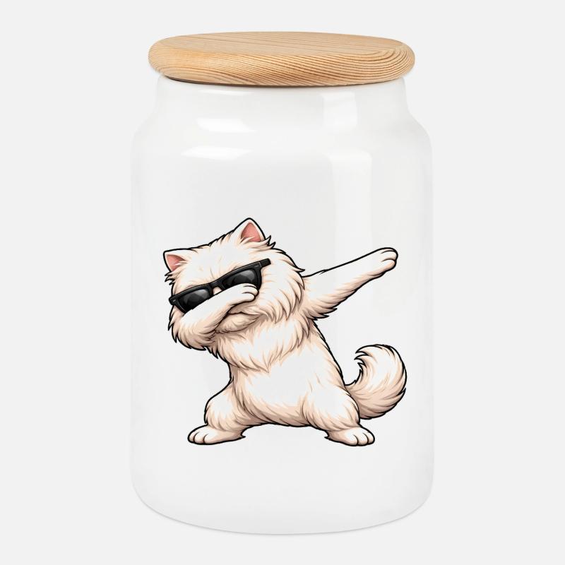 Dabbing Persian Cat - Cookie Jar with Wooden Lid - white