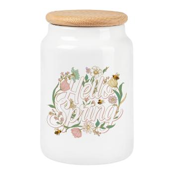 Bonjour Printemps – T-shirt Fleurs et Abeilles du Printemps - Boîte à biscuits avec couvercle en bois - blanc - Devant