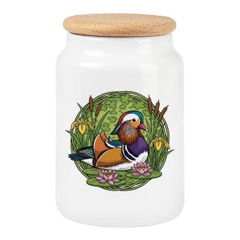 mandarin duck - Cookie Jar with Wooden Lid - white - Front