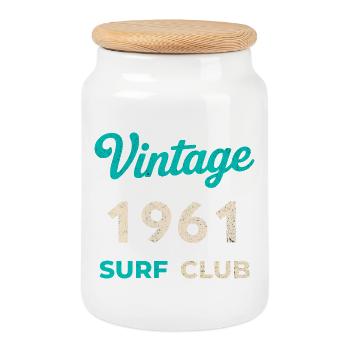 Vintage 1961 Surf Club Retro Birth Year Gift - Cookie Jar with Wooden Lid - white - Front