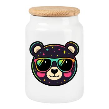 Polychrome Neon Panda with Glasses - Cookie Jar with Wooden Lid - white - Front