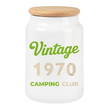 Vintage 1970 – Année de naissance rétro du Camping Club - Boîte à biscuits avec couvercle en bois - blanc - Devant
