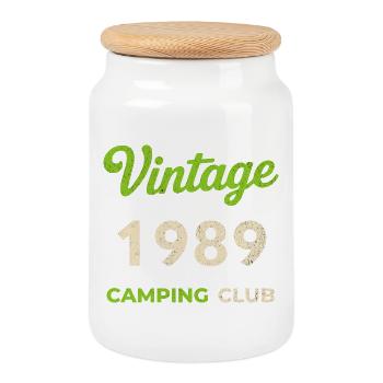 Vintage 1989 – Camping Club Retro Birth Year - Cookie Jar with Wooden Lid - white - Front