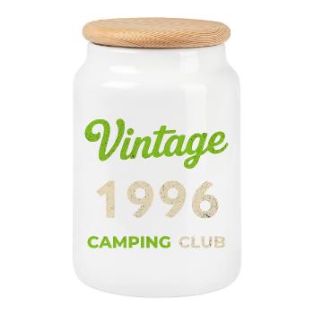 Vintage 1996 – Camping Club Retro Birth Year - Cookie Jar with Wooden Lid - white - Front