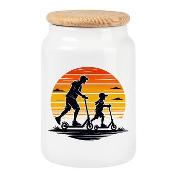 Trottinette avec enfant au coucher de soleil rétro - Boîte à biscuits avec couvercle en bois - blanc - Devant