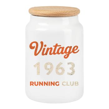 Vintage 1963 Running Club Birthday Gift Idea - Cookie Jar with Wooden Lid - white - Front