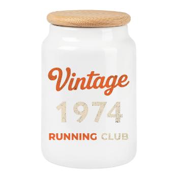Vintage 1974 Running Club Birthday Gift Idea - Cookie Jar with Wooden Lid - white - Front