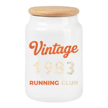Vintage 1983 Running Club Birthday Gift Idea - Cookie Jar with Wooden Lid - white - Front