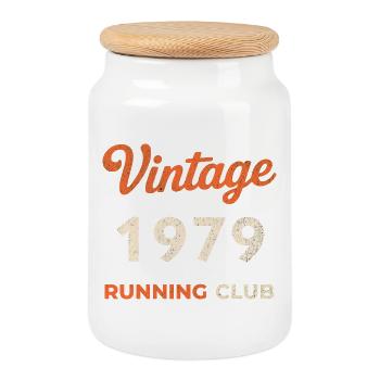 Vintage 1979 Running Club Birthday Gift Idea - Cookie Jar with Wooden Lid - white - Front