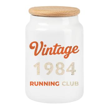Vintage 1984 Running Club Birthday Gift Idea - Cookie Jar with Wooden Lid - white - Front