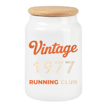 Vintage 1977 Running Club Birthday Gift Idea - Cookie Jar with Wooden Lid - white - Front