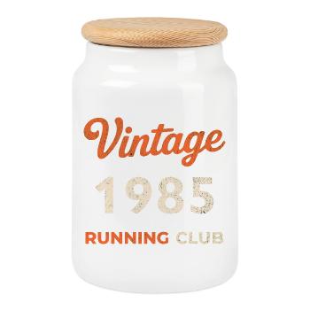 Vintage 1985 Running Club Birthday Gift Idea - Cookie Jar with Wooden Lid - white - Front