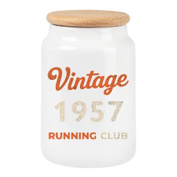 Vintage 1957 Running Club Birthday Gift Idea - Cookie Jar with Wooden Lid - white - Front
