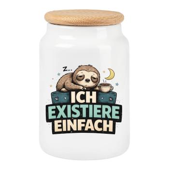 Ich existiere einfach – Faultier Motiv lustig  - Keksdose mit Holzdeckel - Weiß - Vorne