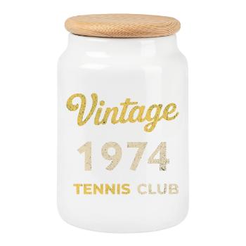Vintage 1974 Tennis Club Retro Birthday Gift - Cookie Jar with Wooden Lid - white - Front